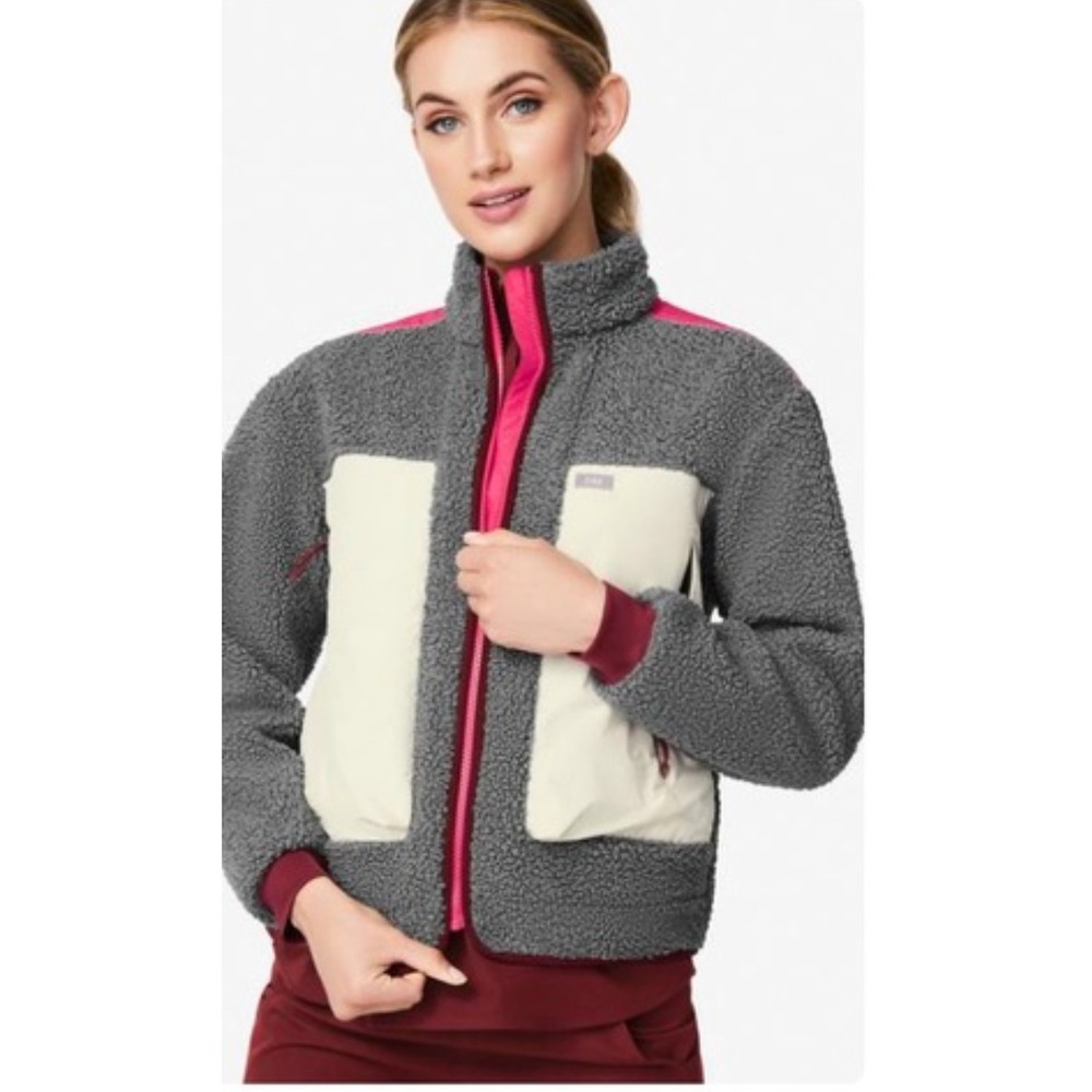 FIGS Shelwyn Sherpa Bomber Jacket - Gray with Cream Pockets Size Small